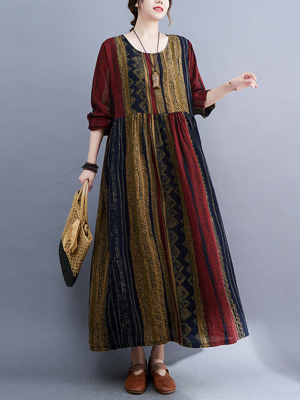 Vacation Loose Long Sleeves Contrast Color Printed Round-neck Midi Dresses