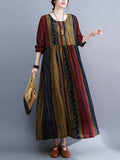 Vacation Loose Long Sleeves Contrast Color Printed Round-neck Midi Dresses