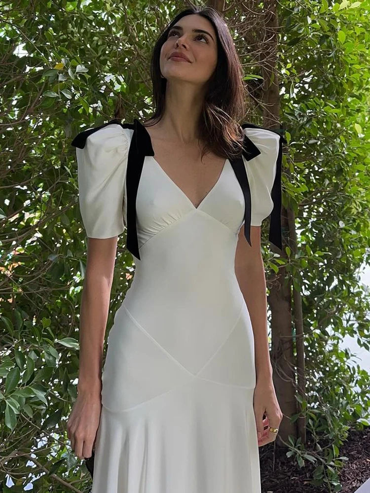 Tee Bow Lace-up Long Dress for High Waist Short Sleeve Slim Party Dress Bandage Maxi Dress