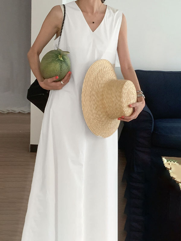 Loose Sleeveless Color V-neck Midi Dresses