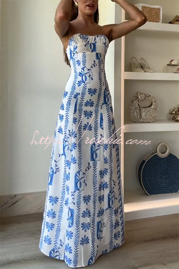 Freya Linen Blend Wave Print Ruched Bust Strapless Maxi Dress