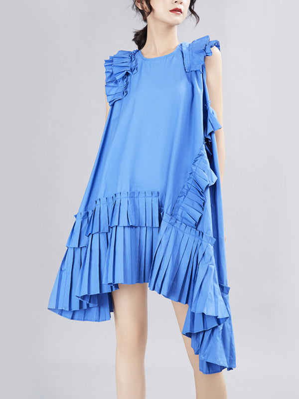 Flying Sleeves Loose Asymmetric Pleated Color Split-joint Round-neck Midi Dresses