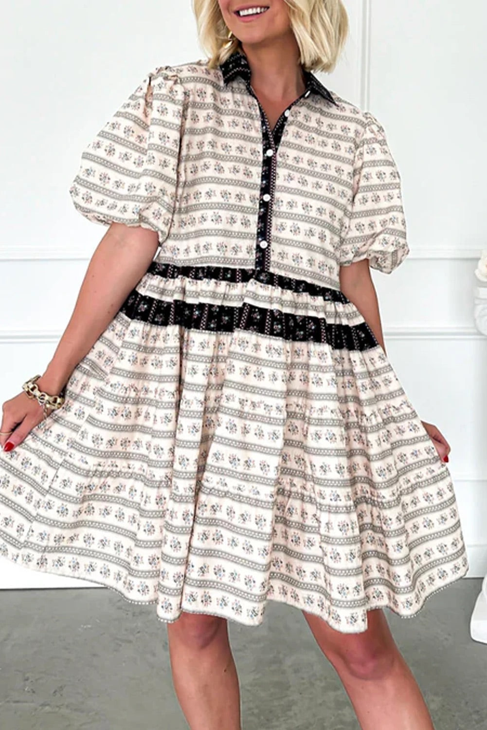Black Striped Bubble Sleeve Mini Dress