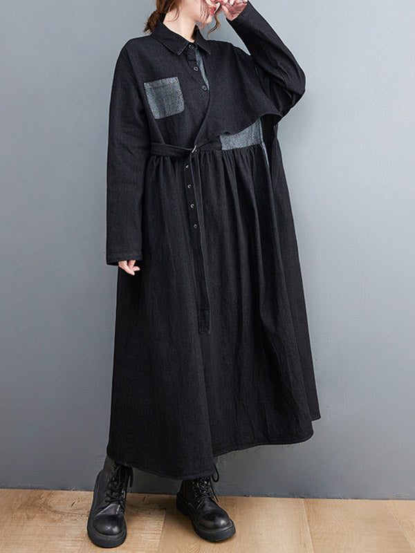 Original Loose Denim Split-joint Tied Lapel Collar Long Sleeves Midi Dress