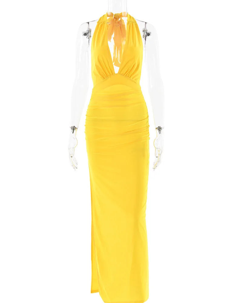 Spaghetti Strap Satin Bodycon Split Long Dress ’s Deep V Backless Evening Dress Female Party Clubwear