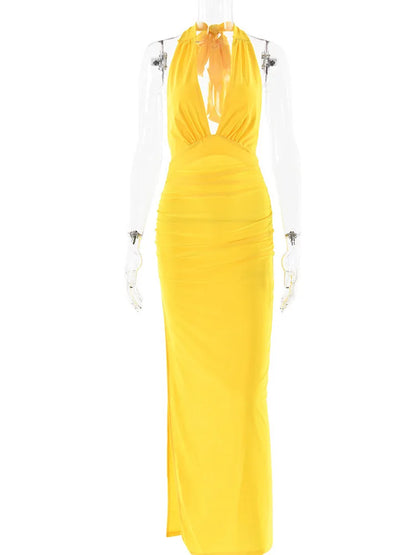 Spaghetti Strap Satin Bodycon Split Long Dress ’s Deep V Backless Evening Dress Female Party Clubwear