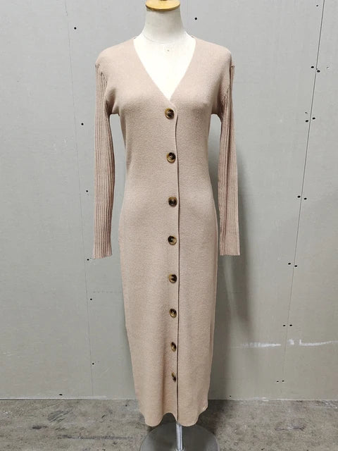 Spring New Knitted Sweater Dress V Neck Long Sleeve Bodycon Midi Dress Cardigan Knitwear White Dresses