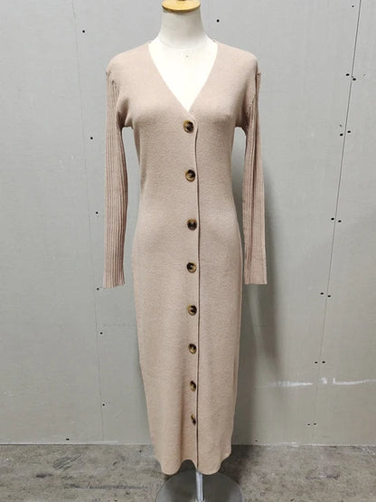 Spring New Knitted Sweater Dress V Neck Long Sleeve Bodycon Midi Dress Cardigan Knitwear White Dresses
