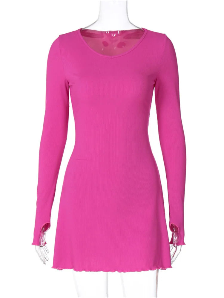 Bandage Ruffled Mini Dress Long Sleeve Lace-up High Waist Dress Bodycon Female Dress