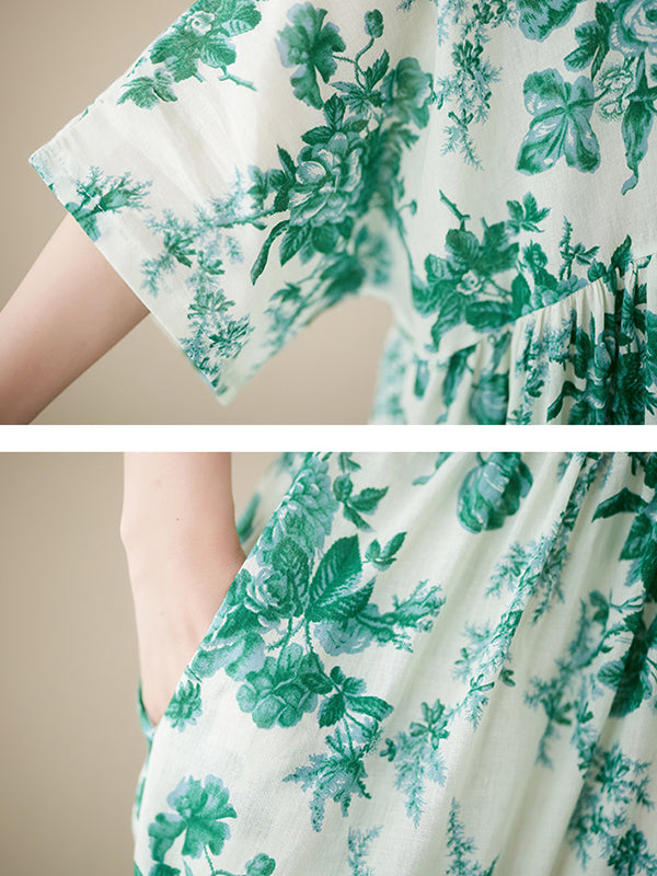 Loose Short Sleeves Printed Pleated Split-joint Round-neck Midi Dresses