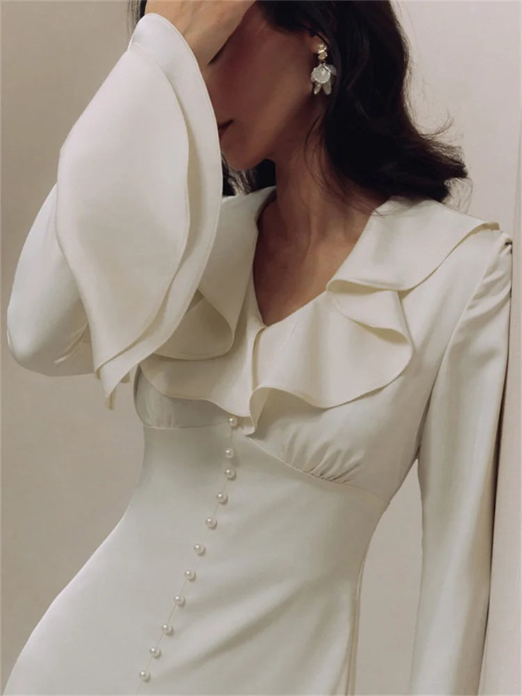 Ruffled for Long Dress V-neck Patchwork Long Sleeve Slim Party Dress Gown White Spring Maxi Dress