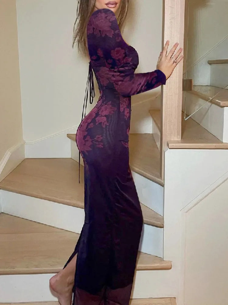 Backless Print Maxi Dress for Autumn Winter New Square Collar Long Sleeve Bodycon Club Party Dress