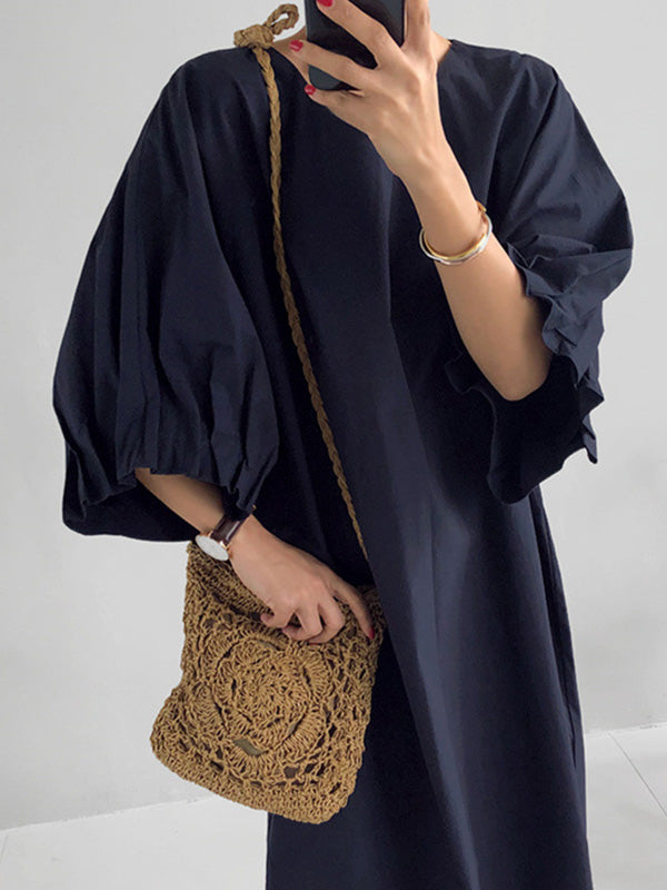 Causal Pleated Raglan Sleeve V-neck Midi Dress