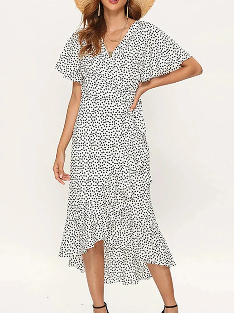 Summer Beach Maxi Dress Print Long Chiffon Dress Ruffles Wrap V-neck Split Party Dress Robe Femme