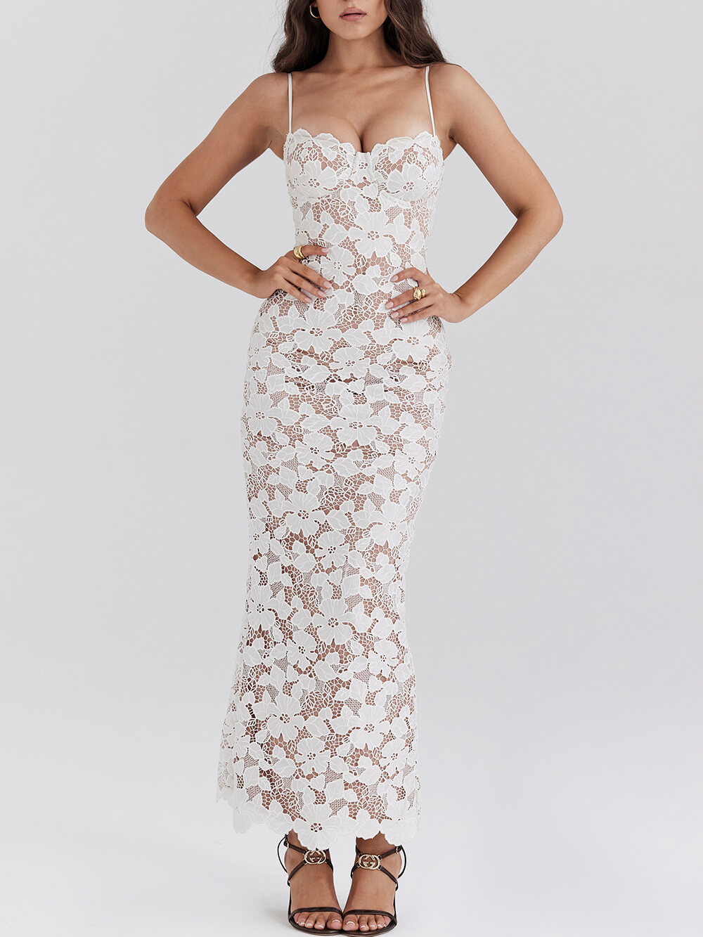 Stylish Lace Halter See-through Midi Dress