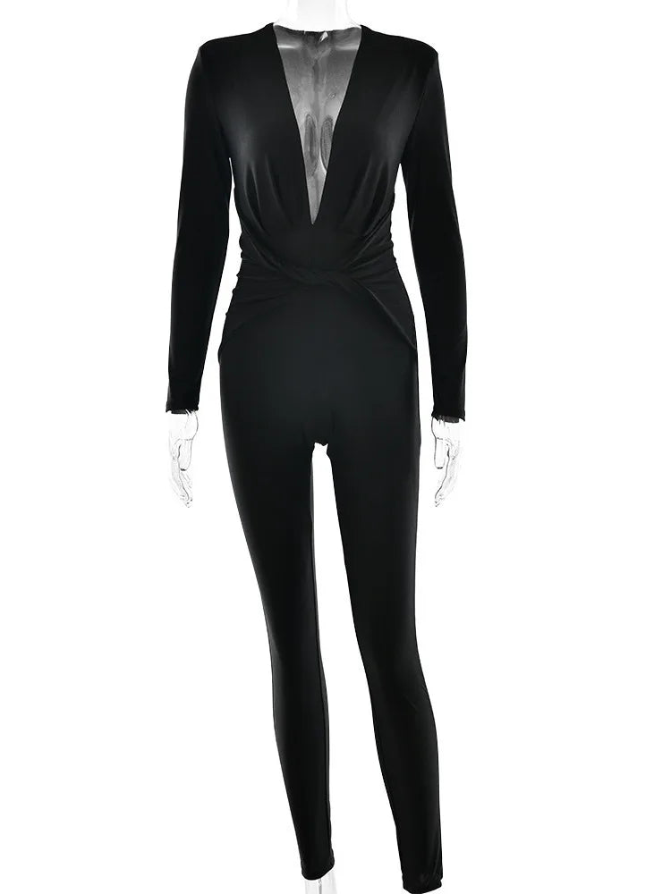 Deep V Elastic Tight Long Sleeved Jumpsuit Autumn Winter New Female Jumpsuit Temperament Street Clothing