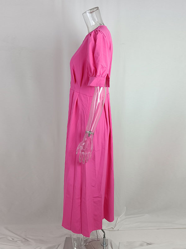 High Waisted Loose Buttoned Round-neck Midi Dresses