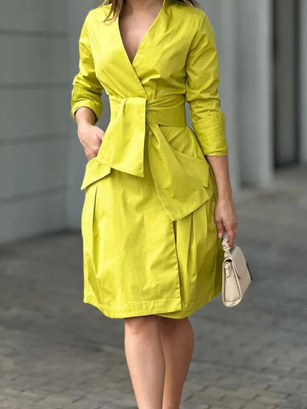 Long Sleeves Color Tied Waist Deep V-neck Mini Dresses