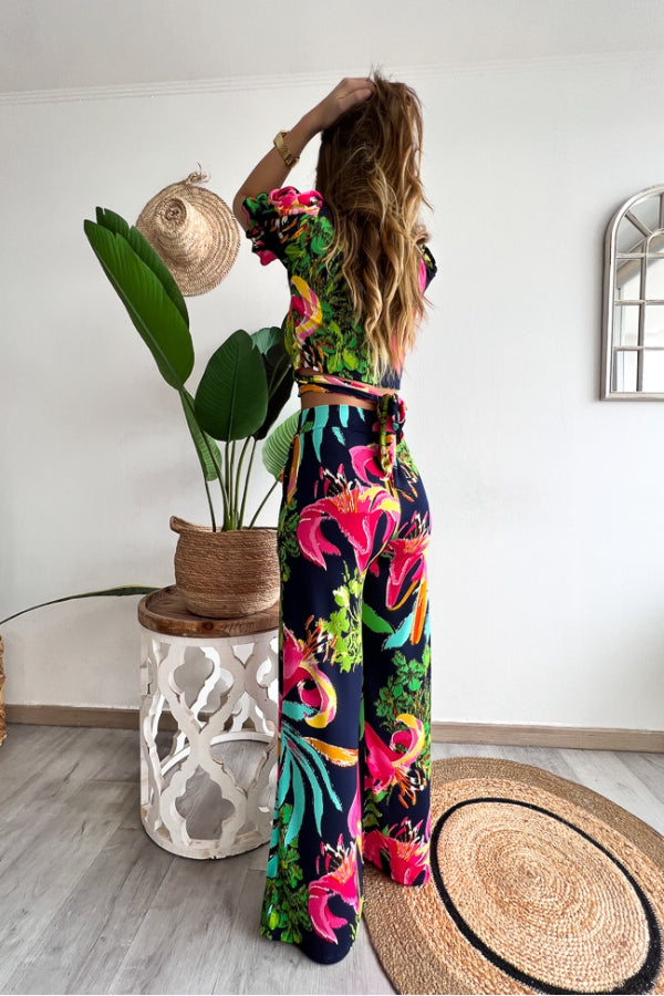 Print V Neck Short Sleeves Crop Top Elastic Waist Wide Leg Pants Set