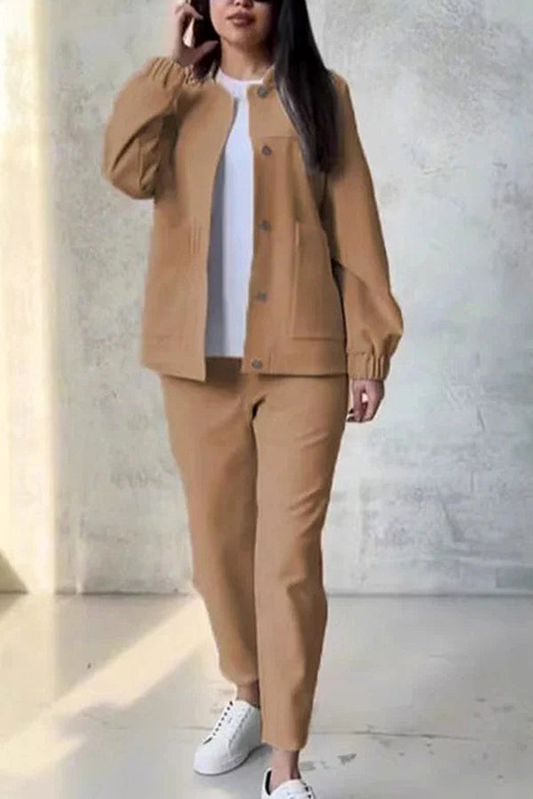 Color Loose Fit Long Sleeve Button Pocket Top and Pants Set