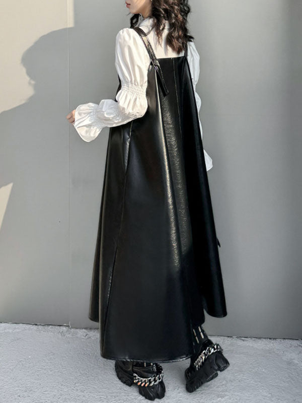 A-line Loose Asymmetric Pleated Color Split-joint Square-neck Midi Dresses Slip Dress