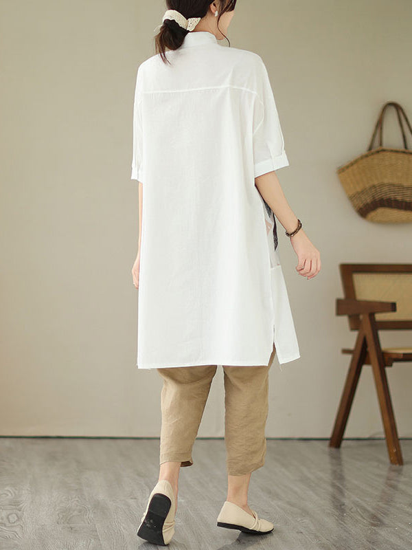 Loose Short Sleeves Printed Split-joint Split-side Lapel Midi Dresses