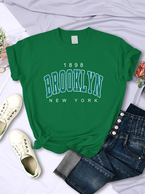 1898 Brooklyn New York Print Short Sleeve T-shirts All-math Crewneck Breathable Female Clothing