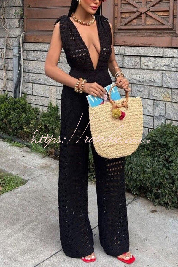 Color Knitted V-neck Holiday Hollow Jumpsuit
