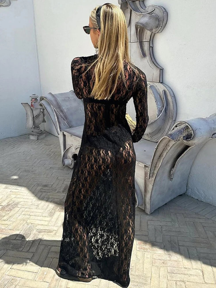 See-through Mesh Tight Maxi Dress Hollow Out Lace Mesh Patchwork Full Sleeve Banquent Long Dress