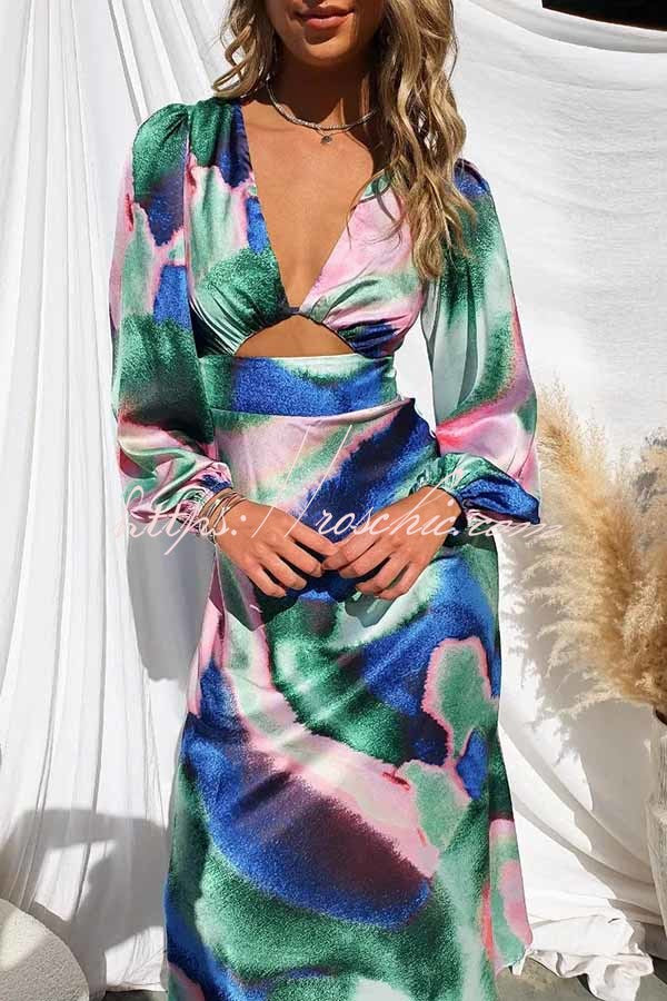 Own the Evening Satin Neon Print Cutout Midi Dress