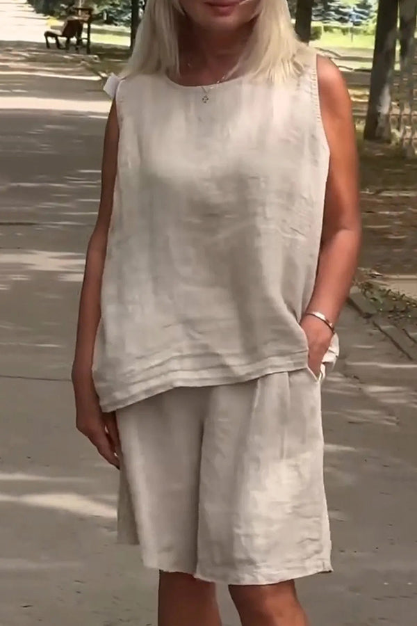 Linen Blend Sleeveless Crewneck Top and Loose Pocket Shorts Set