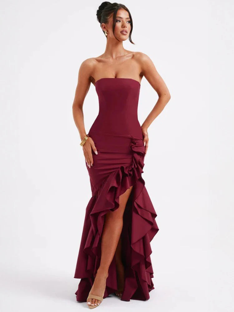 Strapless High Split Ruffle Long Dress for Off-shoulder Backless Sleeveless Bodycon Club Party Dress