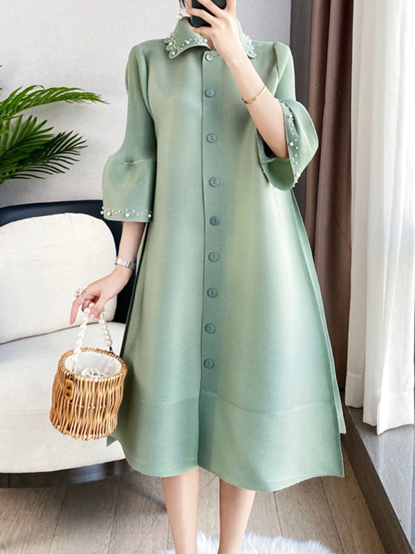Loose Three-quarter Sleeves Beaded Pleated Lapel Midi Dresses