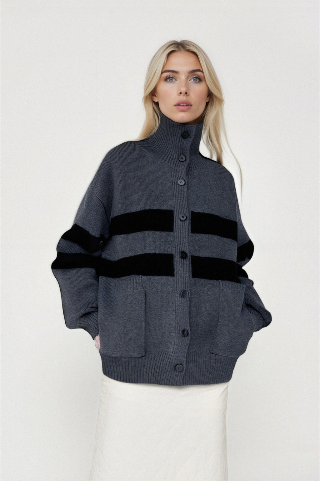 Color Block Stripe Turtleneck Loose Knit Cardigan