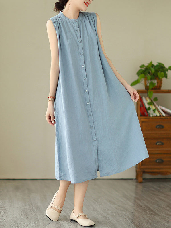 A-line Sleeveless Buttoned Pleated Color Round-neck Midi Dresses