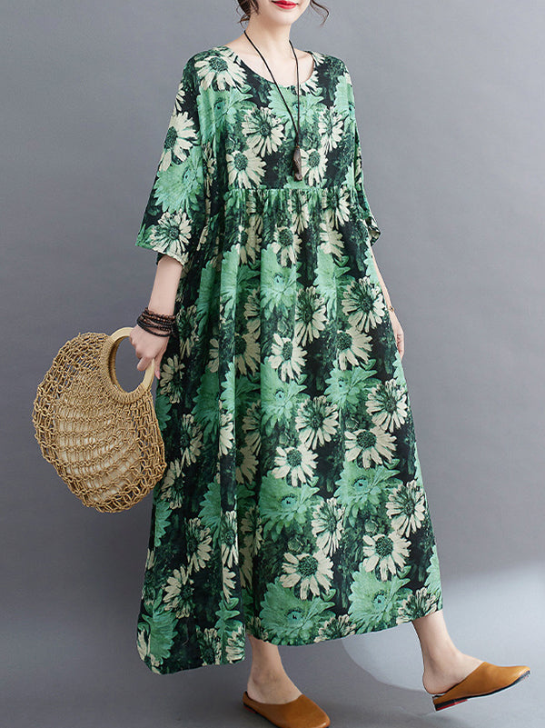 Loose Raglan Sleeve Printed Pleated Split-joint Round-neck Midi Dresses