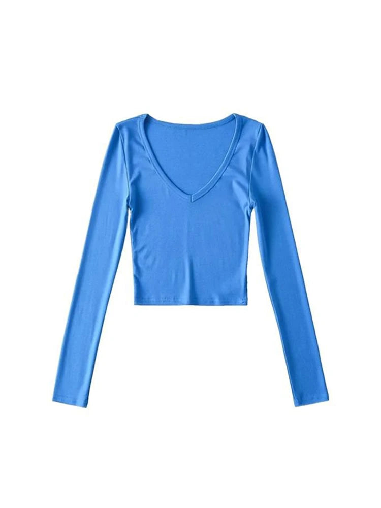 ’s Crop Tops Spring and Autumn Long-sleeved V-neck Cropped Top Bottoming Shirt T-shirt Tops