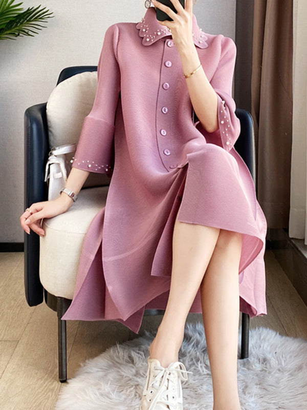 Loose Three-quarter Sleeves Beaded Pleated Lapel Midi Dresses