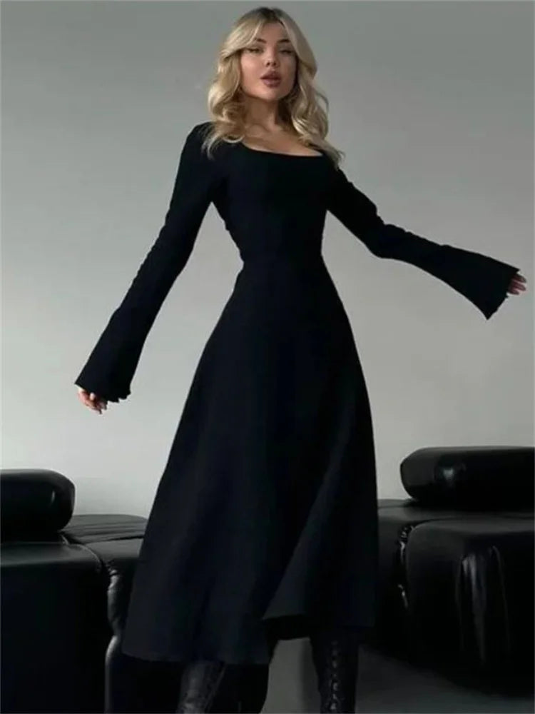 Bandage for Maxi Dress Slim Long Sleeve Square Collar Patchwork Autumn Dress Female Lace-up Dress