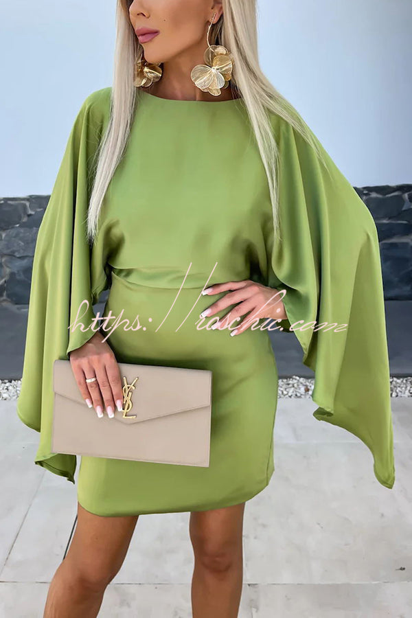 Wings Satin Butterfly Sleeves Elastic Waist Formal Mini Dress