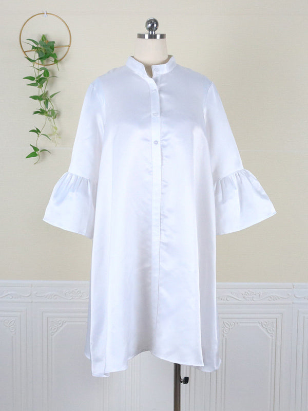 Urban Buttoned Color Stand Collar Flared Sleeve Loose Midi Dress