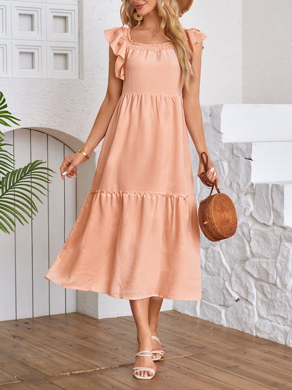 A-line Loose Elasticity Pleated Ruffled Color Split-joint Off-the-shoulder Midi Dresses