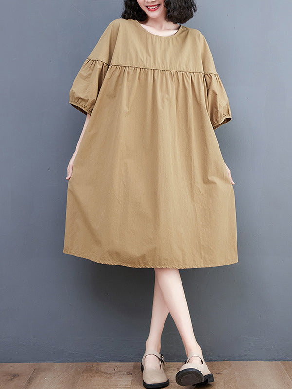 Loose Short Sleeves Color Round-neck Midi Dresses
