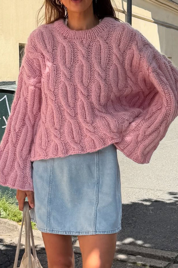 Pink Slouchy Cable-knit Short Sweater