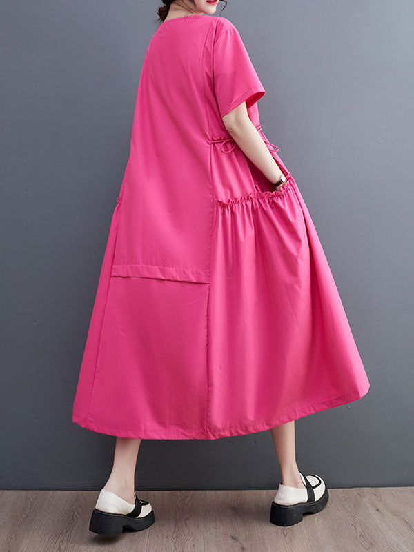 Loose Short Sleeves Color Split-joint Round-neck Midi Dresses