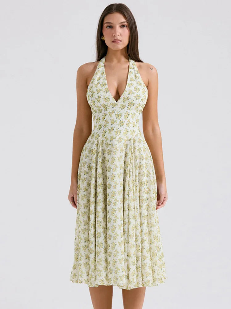 Halter Backless Print Midi Dress for Sleeveless A-line Pleated Club Party Long Dress New