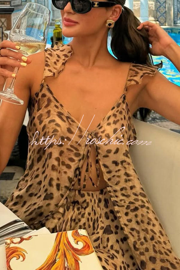 Immerse Vacation Leopard Tie-up Slit Midi Top and Elastic Waist Shorts Set