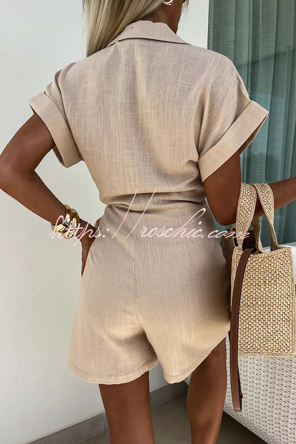 Relaxing Beach Linen Blend Color Wrap Loose Shirt Romper