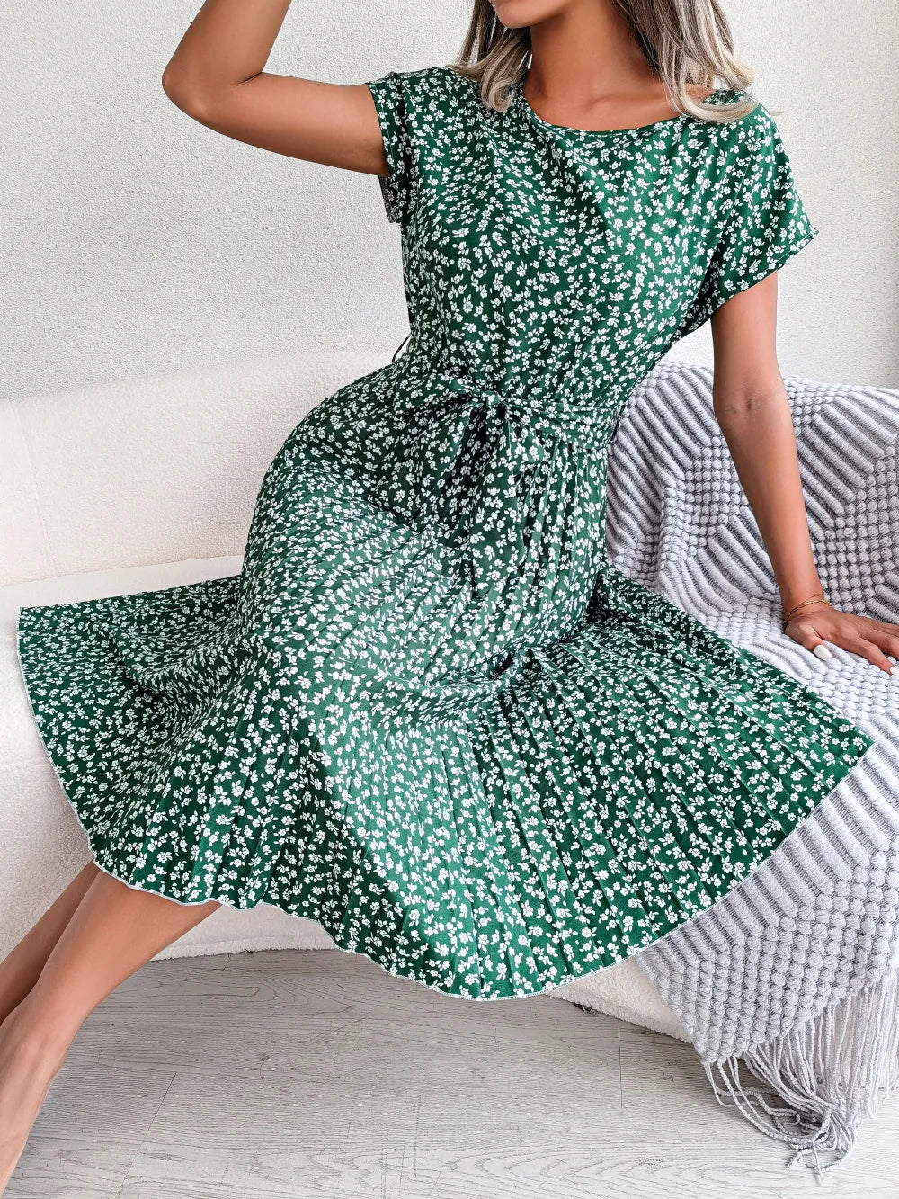 Summer Short Sleeve Long Dress O Neck Lace Up Pleated A-line Office Female Vestidos