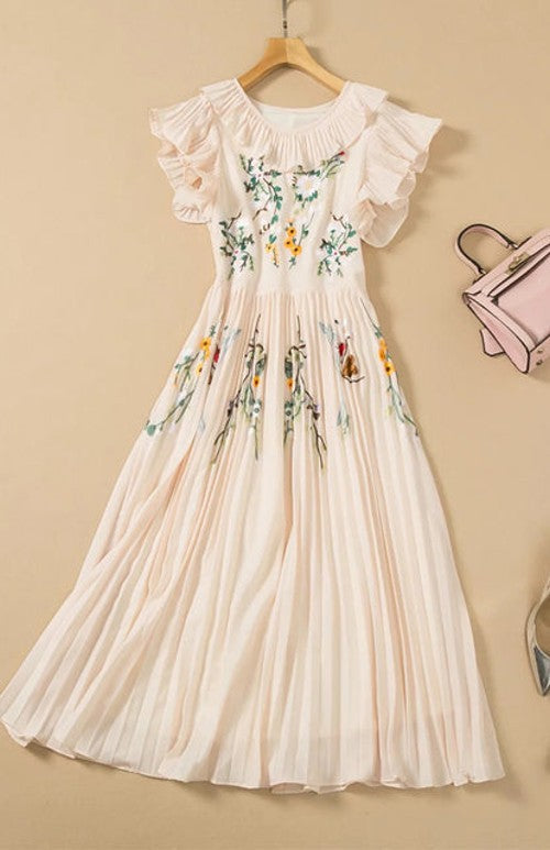 Palm Flying Ruffled Sleeve Pleated Hem Midi Dress
